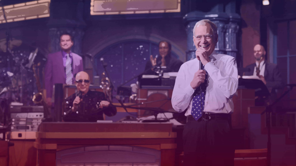Edited image of David Letterman on stage with his band.